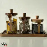 بانکه شیشه‌ای درب چوبی و قاشق دار در 3 سایز