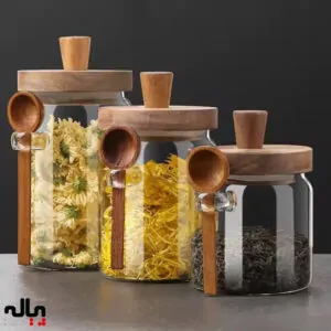 بانکه شیشه‌ای درب چوبی و قاشق دار در 3 سایز