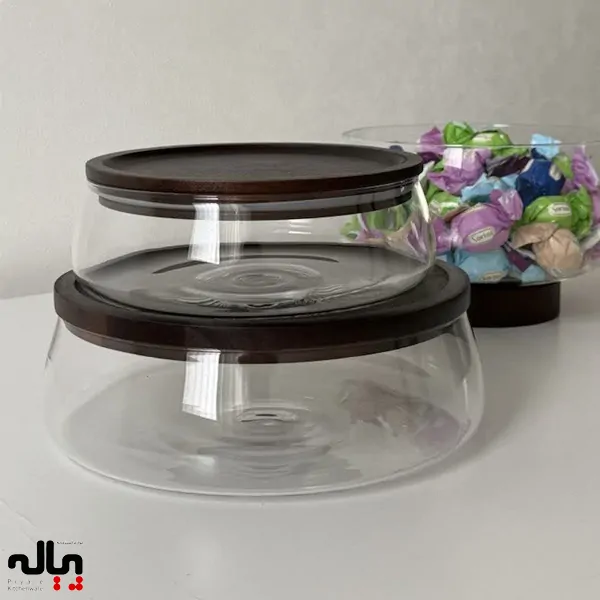 ظرف پیرکس درب چوبی | ظرف پذیرایی و نگهداری لوکس برای شیرینی، شکلات و تنقلات - Image 3