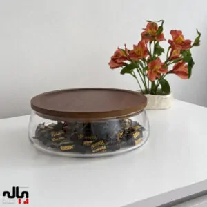 ظرف پیرکس درب چوبی | ظرف پذیرایی و نگهداری لوکس برای شیرینی، شکلات و تنقلات