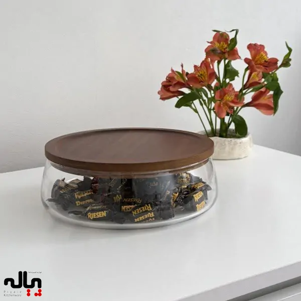 ظرف پیرکس درب چوبی | ظرف پذیرایی و نگهداری لوکس برای شیرینی، شکلات و تنقلات